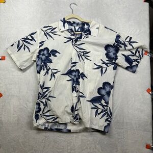 Palmwave Hawaiian Button Up Shirt Men's White Navy Floral Short Sleeve Aloha
